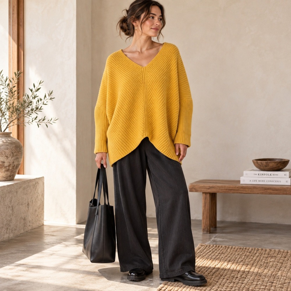 Relume Journal Standard Lambswool Sweater Sz F OS Mustard Yellow Oversized